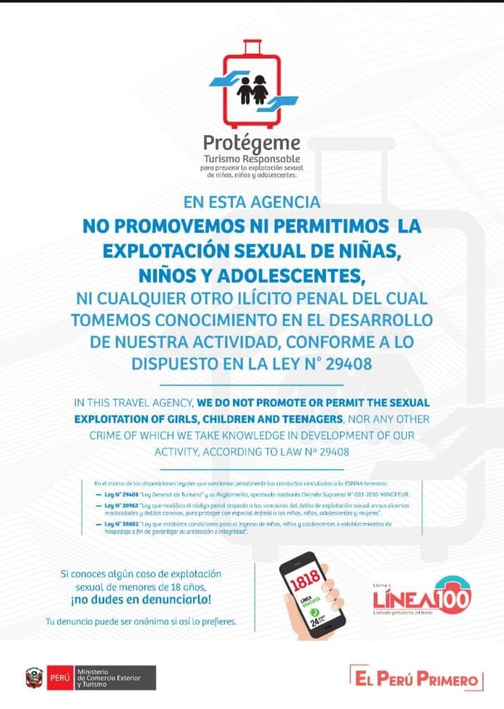En esta agencia no promovemos ni permitimos la explotación sexual de niñas, niños y adolescentes - Ley N° 29408